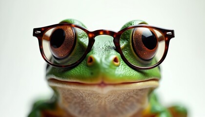 Close up of a bright green frog wearing tortoise shell glasses. This smart amphibian looks directly forward with large, expressive eyes. The image has a clean, white background.