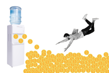 Composite photo collage of excited man dive coin income water cooler equipment bank imitation capital isolated on painted background