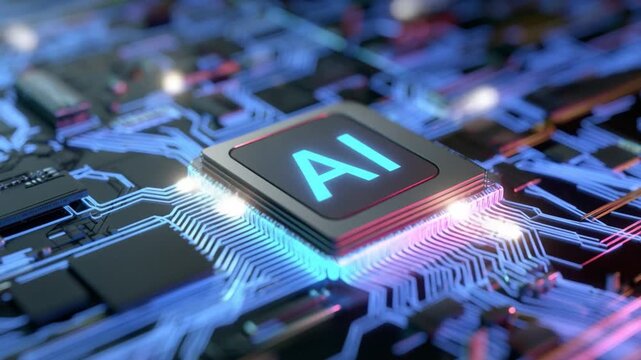 AI Chip: An up-close look at a powerful AI chip, radiating futuristic light, symbolizes advanced technological innovation and the digital age.