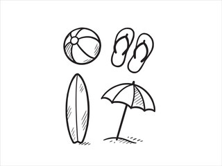 Collection of Hand Drawn Summer Beach Essentials Illustrations  Outline Doodle Vector Set of Beach Ball Surfboard Umbrella and Flip Flops