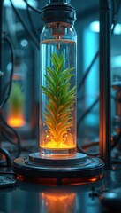 Plant specimen in glass tube on laboratory equipment. Green plant grows in transparent container with orange glowing liquid. Futuristic lab setup with blurred background and another plant in distance.