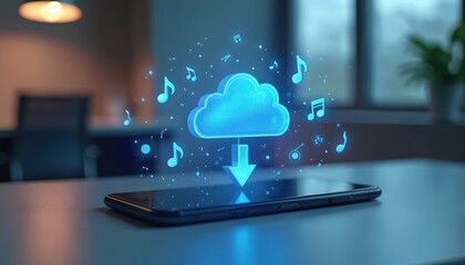 Smartphone displays glowing cloud icon with musical notes above it suggesting digital music streaming and data transfer. Download arrow points to screen.