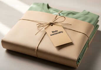 Folded green tshirt wrapped in paper with sustainable tag