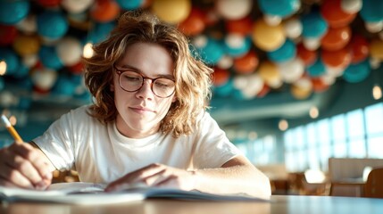 A focused young man diligently writing in a notebook while surrounded by a vibrant ceiling of colorful spheres, embodying the spirit of creativity and learning.