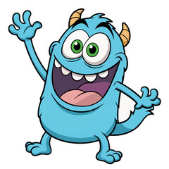 Obraz premium A friendly happy blue cartoon monster with big green eyes and horns waving hello on a white background