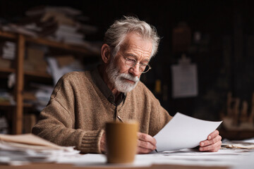 Senior man with glasses reads a document at a cluttered desk. A concept image conveying focus, wisdom, experience, expertise. For finance, law, or creative industries.