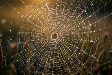 Fototapeta premium Intricate Orb Weaver Spiderweb Covered In Dewdrops Gleaming In Golden Morning Sunlight