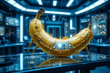 Futuristic Robotic Banana With Glowing Circuits And Wires In A High Tech Laboratory Setting