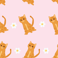 seamless cartoon cat and daisy flower pattern in kawaii style pink pastel background for pet lovers wallpaper wrapping and stationery