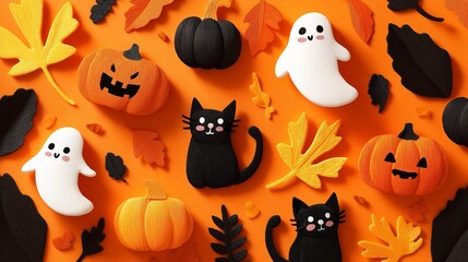 黒猫とおばけとジャックオランタン、楽しいハロウィンのパターン