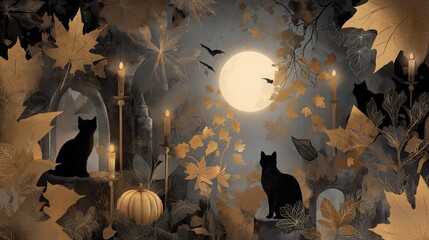 月夜のハロウィン、黒猫と金色の紅葉の幻想的なコラージュアート