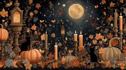 満月の夜の黒猫とカボチャ、アンティークなハロウィンの背景