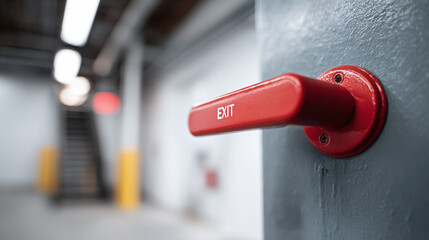 Closeup shot of a red exit door handle, symbolizing escape, safety, or a way out. Perfect for illustrating topics like security, emergency planning, and solutions.