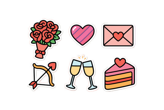 cute colorful Valentine Day celebration sticker set with bold black outline and white border including bouquet of roses candy envelope with heart champagne glasses bow and arrow and cake