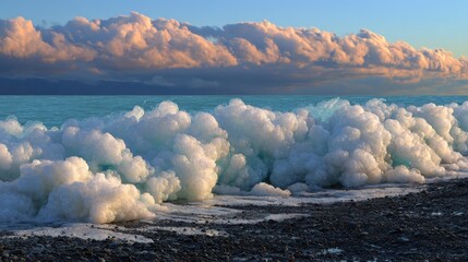 Waves and foam at the shoreline under a blue sky with clouds