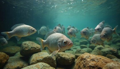 Fototapeta premium School of tilapia fish swim in clear fresh water near rocky bottom. Underwater view shows many fish with fins, scales, and gills in aquatic environment. These fish live in farm pond.