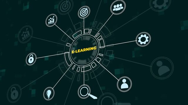 E-learning and online education concept. Online training programs and personalized learning. E-learning icons on virtual screen.