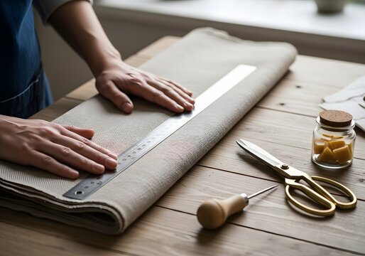 Hands measuring fabric with a ruler and scissors on table