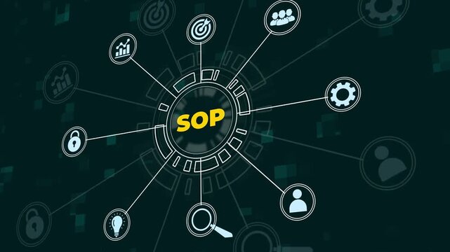 SOP, Standard operating procedure concept.SOP icons on virtual screen. Standard operating procedure with instruction, quality, process, operation, sequence and workflow.