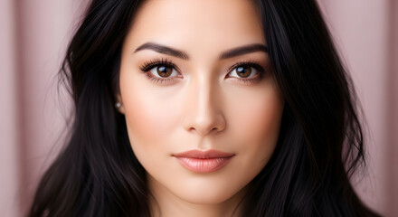 Fototapeta premium Close-up portrait of a young woman with a soft expression and natural beauty.