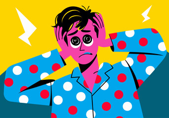 Worried Man with Insomnia in Polka Dot Pajamas Illustration