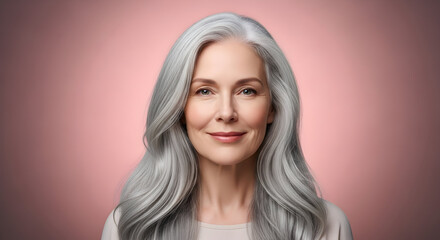 Older woman with silver hair, looking elegant and graceful in soft lighting, symbolizing beauty at any age.
