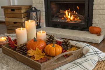 Obraz premium Cozy Halloween Interior with Pumpkins, Candles and Fireplace