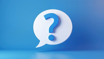 Blue question mark sits inside white speech bubble. Floats on vibrant blue background with subtle light. Communication, asking for help, seeking info solution. Represents common questions, support,