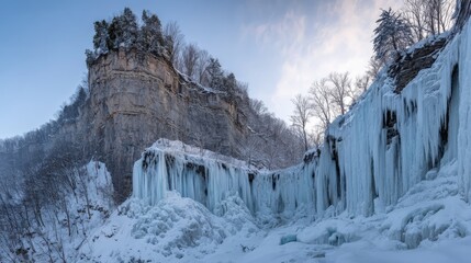 Majestic frozen waterfall surrounded by icy cliffs under bright winter sky