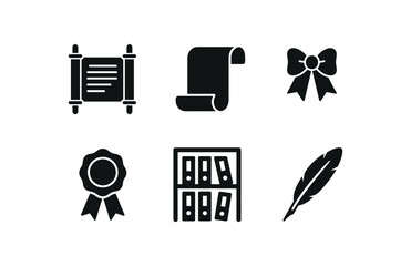 flat black solid icon items isolated on white background scroll spine rolled paper ribbon tie wax seal archive shelf ink quill