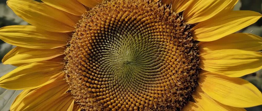 A mesmerizing macro rotation over a sunflower's center, revealing the perfect geometric Fibonacci spiral of its seeds. An abstract, hypnotic natural pattern.