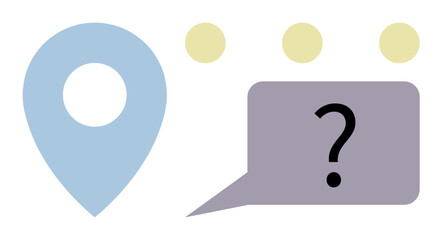 Blue location pin, purple speech bubble with question mark, three yellow dots symbolize inquiry, uncertainty, directions, exploration, problem-solving, decision-making, and communication in a simple