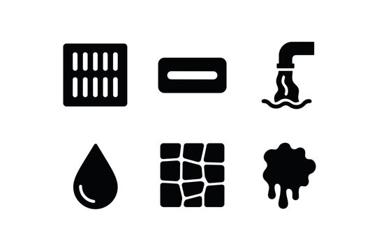 flat black solid icon items isolated on white background drain grate metal slot sewage flow water drip stone floor rust stain