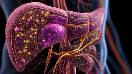 Scientific cutaway illustration of human abdomen highlighting pancreas, tumor growth, blood vessels, and lymph nodes, ultra realistic textures, medical textbook style