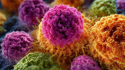 Microscopic view of pancreatic cancer cells dividing, realistic 3D medical visualization, cellular structures, vibrant colors, scientific accuracy