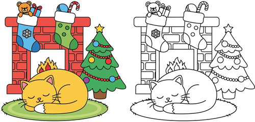 Christmas Fireplace Scene with Sleeping Cat and Decorated Tree - Holiday Stockings and Presents