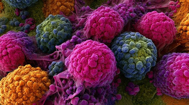 Microscopic view of pancreatic cancer cells dividing, realistic 3D medical visualization, cellular structures, vibrant colors, scientific accuracy