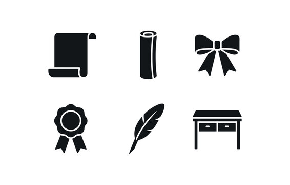 flat black solid icon items isolated on white background scroll curl rolled paper ribbon tie wax seal ink quill archive desk