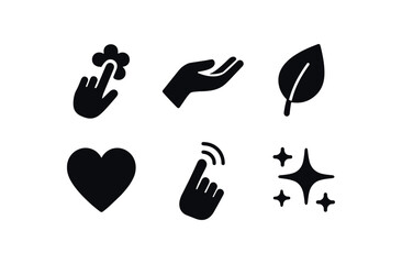 flat black solid icon items isolated on white background: soft touch palm hand leaf icon heart finger lines gentle glow