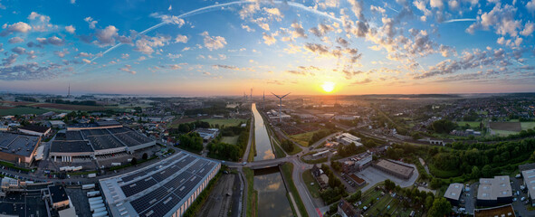 Halle, Vlaams Brabant, Belgium, 13th of May, 2025, A captivating sunset aerial view highlights a...