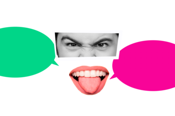 Creative photo image angry furious outraged expression eyes textbox speech mouth fragment tongue teeth drawing background