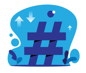 Abstract Hashtag Illustration with Sales Arrows in Blue. Business and online marketing, getting followers on social media vector