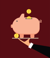 Hand Holding a Piggy Bank on a Platter with Coins Flat Style. Saving money and earning income services vector art