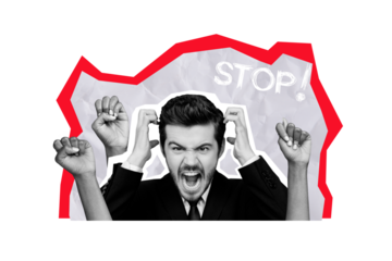 Composite trend artwork sketch image photo collage of stop banner harassment hate hand gesture fist bully young man scream loud voice