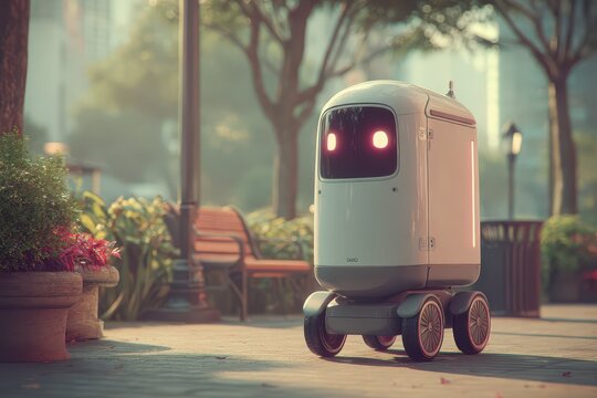Autonomous delivery robot with glowing eyes on a calm urban park path.