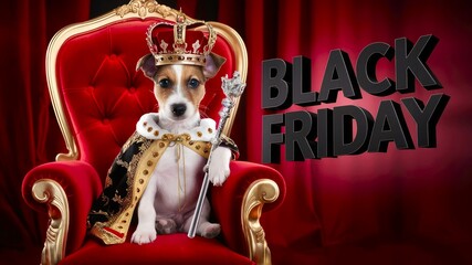 Small dog wearing a crown and royal cape, sitting on a luxurious red throne, exuding a regal aura, with a festive backdrop and bold text promoting Black Friday sales