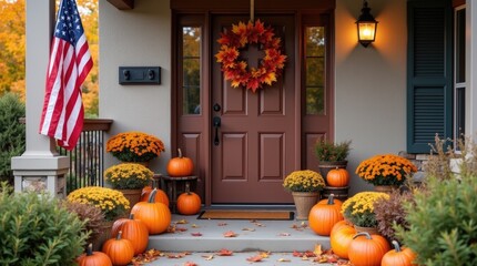 Autumn-themed front porch decorated with pumpkins, vibrant flowers, and a welcoming door adorned with a seasonal wreath, creating a cozy and inviting atmosphere for fall festivities