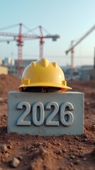 Yellow hard hat placed on a concrete block marked with the year 2026, surrounded by construction site elements and cranes in the background, symbolizing future development
