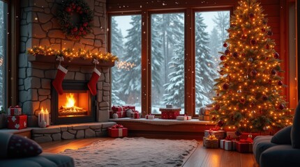 Cozy living room with a beautifully decorated Christmas tree, glowing fireplace, and festive decorations, creating a warm holiday atmosphere with snow outside