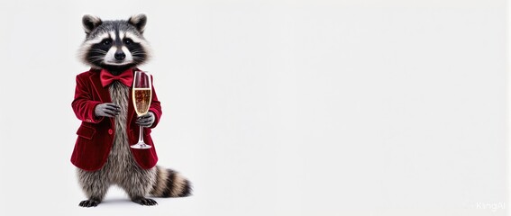 Raccoon dressed in a red velvet tuxedo holding a champagne glass, exuding elegance and charm, perfect for festive celebrations and whimsical occasions with a touch of humor